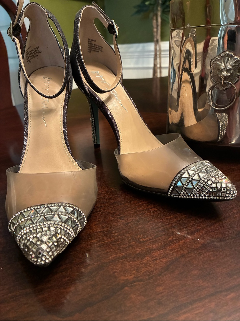 Betsey Johnson Nude/Beige Pointed-Toe Jeweled Slingback Heels